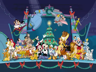 Disney's Cartoon Christmas Wallpaper - Festive Gathering of Beloved Characters