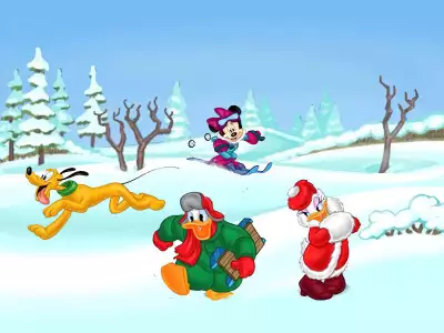Winter Holiday Christmas Scene Wallpaper - Donald Duck's Skiing Adventure
