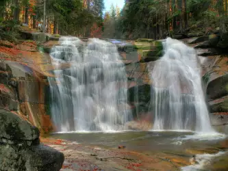 Nature's Symphony: Amazing Waterfall in Forest over Rusty Rocks