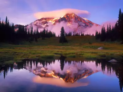 Mount Rainier And Lenticular Cloud Reflected