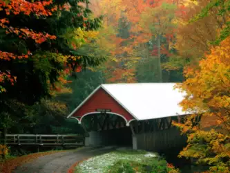 Flume Covered Bridge In Autumn, Franconia Notch State Park in New Hampshire