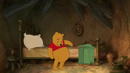 Illustration of Winnie the Pooh waking up from his bed with a smile