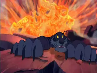 Shere Khan clinging to the edge with fire behind him from The Jungle Book 2