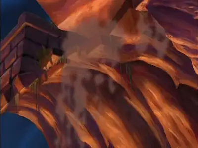 A collapsing ancient structure with fire and smoke from The Jungle Book 2