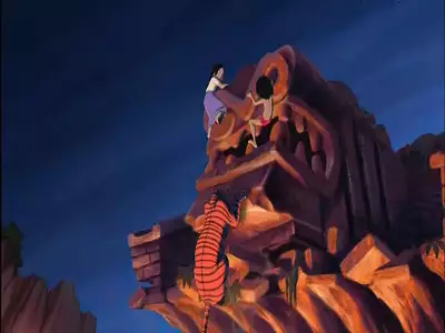 Mowgli and Shanti climbing ruins while Shere Khan chases them in The Jungle Book 2
