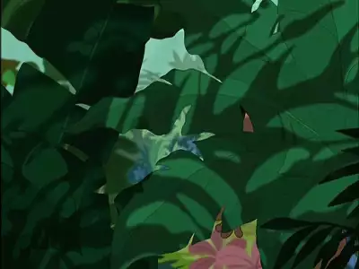 A close-up view of large green leaves in the jungle from The Jungle Book 2, with hints of the scenery beyond.