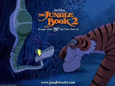Kaa and Shere Khan exchanging suspicious glances in a dark jungle scene from The Jungle Book 2