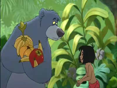 Mowgli and Baloo in the jungle sharing a friendly moment with fresh fruits.