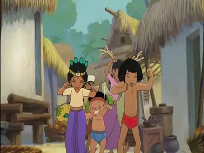 Mowgli and his village friends dancing joyfully in a vibrant scene from The Jungle Book 2.