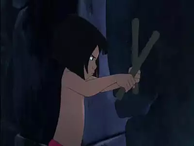Mowgli holding sticks in a determined stance from The Jungle Book 2
