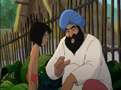 Mowgli looking down as the village leader speaks to him in The Jungle Book 2