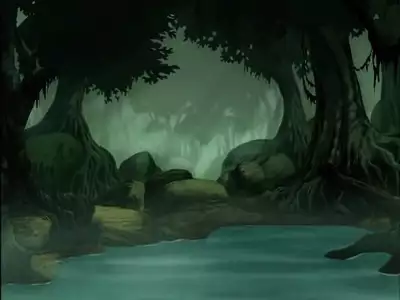 A misty jungle swamp with a river and large trees from The Jungle Book 2