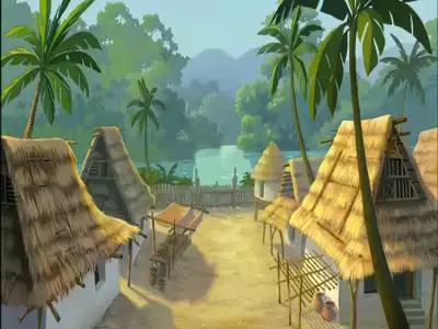 A peaceful jungle village with thatched-roof huts, palm trees, and a river in the background from The Jungle Book 2.