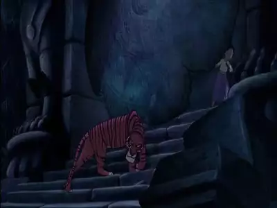 Shere Khan stalking through the ancient ruins while Shanti watches from the stairs in The Jungle Book 2