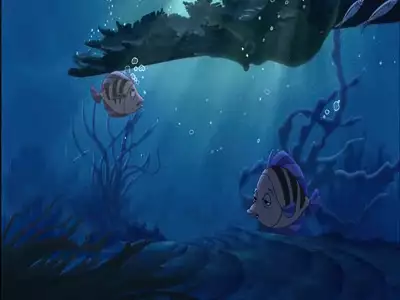 Two fish swimming in an underwater scene from The Jungle Book 2 with a mysterious sunken tree above them.