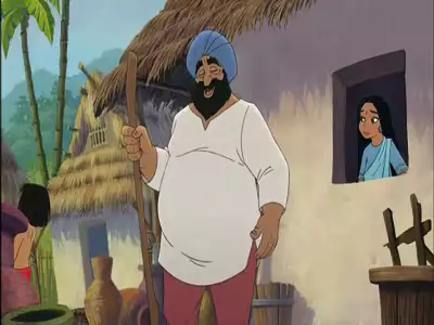 A peaceful village scene from The Jungle Book 2 featuring Ranjan's father and villagers