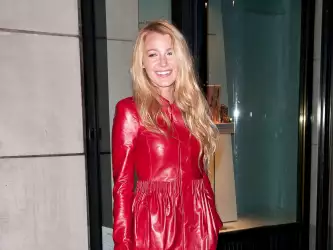 Blake Lively in New York City: Red Leather Dress