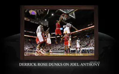 Derrick Rose Dunk Over Joel Anthony Widescreen Wallpaper BasketWallpapers.com 