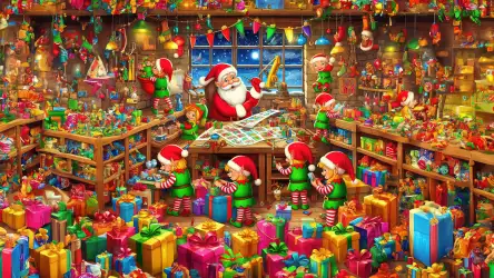 Santa Claus and his dwarf working together, packaging toys for kids in Santa's workshop