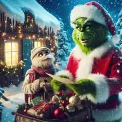 The Grinch dressed as Santa reading heartfelt letters from kids in a whimsical moment