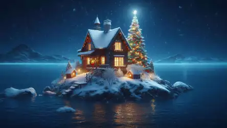 A beautiful house on a snowy island covered with Christmas decoration, featuring a big Christmas tree with colorful lights