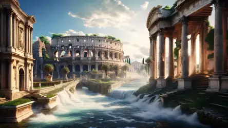 A surreal depiction of the Roman Colosseum with flowing waters and lush greenery in a fantasy setting.