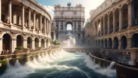 Digital art depicting a grand ancient waterway with classical architecture