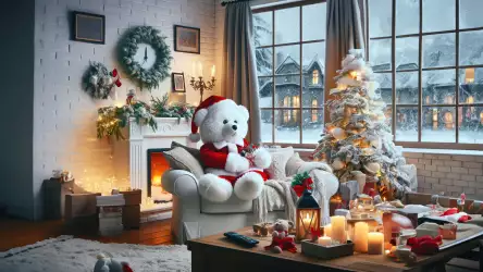 Illustration of a white polar bear dressed as Santa, seated in a cozy home, capturing the Arctic elegance and holiday festivity