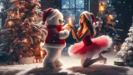 Beautiful ballerina dancing with a white polar bear on Christmas Day, capturing the festive enchantment