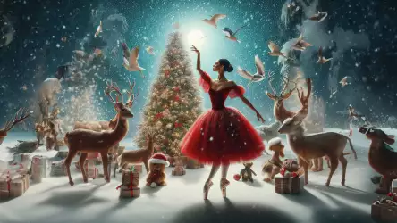 Enchanting Ballet: Ballerina Dances in Red Dress Surrounded by Animals
