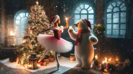 Ballerina and big polar bear dancing a Christmas ballet, capturing the elegance and festive joy of the performance