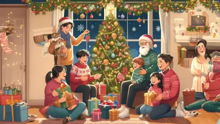 Christmas Eve Family Reunion: Heartwarming Wallpaper with Christmas Tree and Gift Exchange