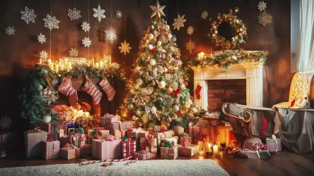A room adorned with holiday decorations, many gifts, and a grand Christmas tree