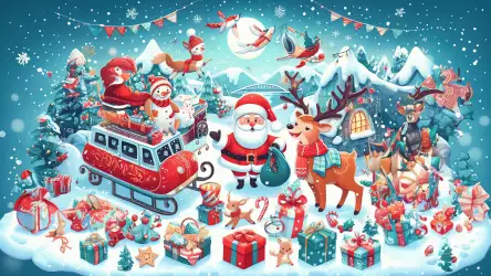 Whimsical Christmas Illustration: Santa, Rudolf, Gifts, and Animals Wallpaper