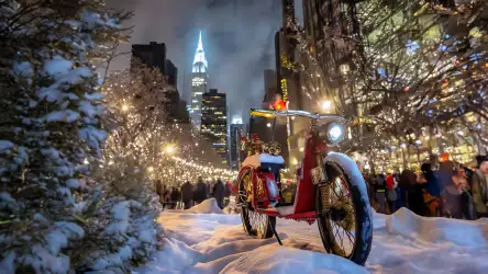 Christmas in the City: Wallpaper of NYC Adorned with Snow and a Red Bicycle