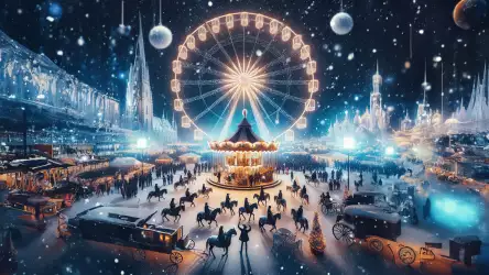 Illustration of a city at night during Christmas, with a big wheel illuminated in festive colors, and a bustling square adorned with Christmas lights and decorations