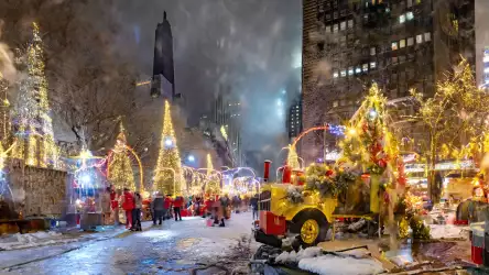 Illustration of a big city skyline adorned with festive Christmas lights, capturing the urban magic and festive illumination of Christmas night