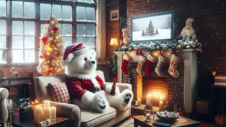 Illustration of a white bear seated on a couch, holding a Coca-Cola with a joyful expression, capturing the cozy moment of refreshment