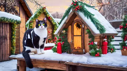 Illustration of a black and white cat seated outside a snowy cottage decorated with Christmas lights, enjoying a cozy retreat on Christmas day