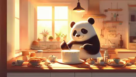 Animated panda in a sunny kitchen icing a cake