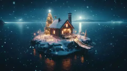 A little wooden house on the island surrounded by a tranquil lake, with a beautiful Christmas tree in the backyard