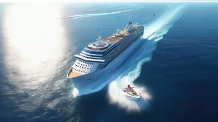 Luxurious Cruise Ship Gliding over Calm Seas with Sunbathed Woman on a Jet Ski