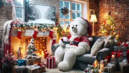 Illustration of a white bear seated on the couch, enjoying Christmas comfort and watching holiday movies