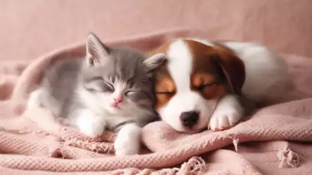 Cute Dog and Cat Sleeping Together Wallpaper