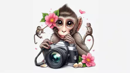 Cute Monkey with Photocamera and Flowers