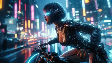 Cybernetic Woman on Futuristic Motorcycle in Neon City
