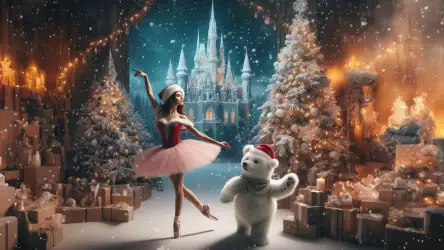 Christmas ballerina and white teddy bear dancing together in a whimsical ballet, capturing the magic of the holiday season