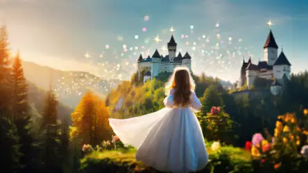 A young girl in a white dress gazing at a magical castle surrounded by sparkling lights in a lush forest.