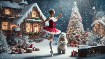 Enchanted Winter Haven: Wallpaper of a Snow-covered Wooden House, Ballerina in Santa Dress Dancing in the Snow, Polar White Bear Watching and Dancing, and a Christmas Tree with Gifts for Animals in the Forest
