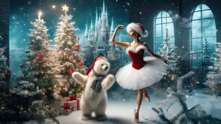 A ballerina in a Santa-like dress dancing with a white bear in front of a big Christmas tree and Disney-like fairy castle in a snowy winter wonderland